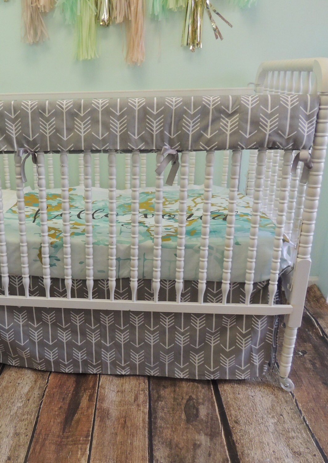 Arrow Crib Bedding with Gray Arrow Print and Hello World Etsy