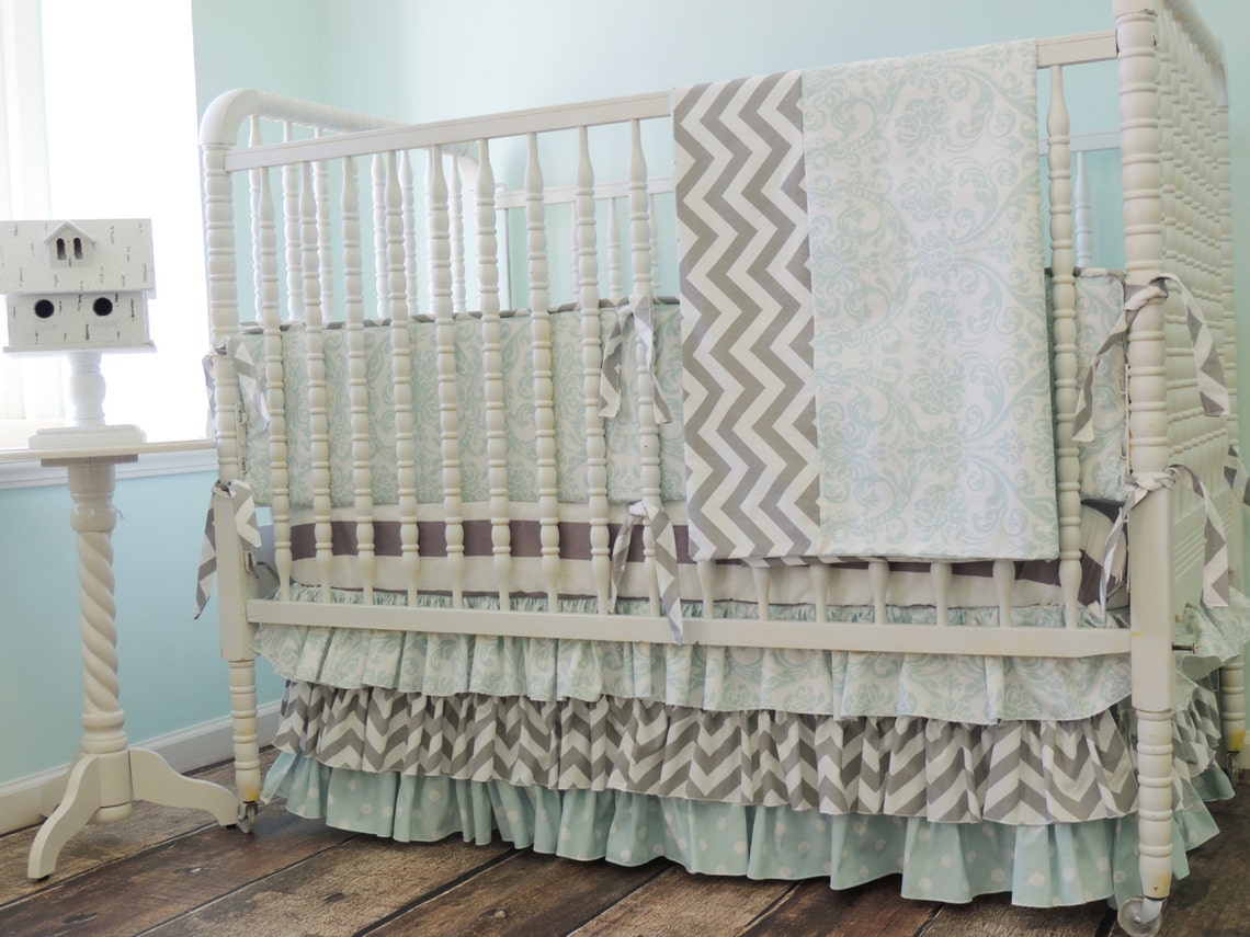 Baby Blue and Grey Crib Bedding Set with Grey Chevron and Blue Etsy