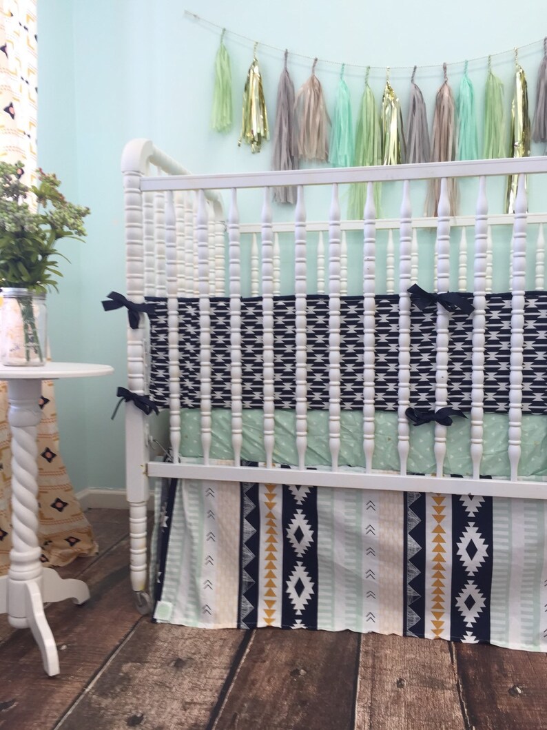 Aztec Themed Crib Bedding in Mint Peach Gold and Navy Blue Etsy