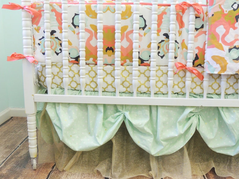 Crib Bedding Baby Bedding in Coral Mint Gold and Navy with ...