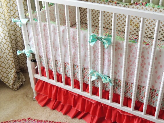 Custom Crib Bedding In Aqua Coral Gold And Mint With Etsy