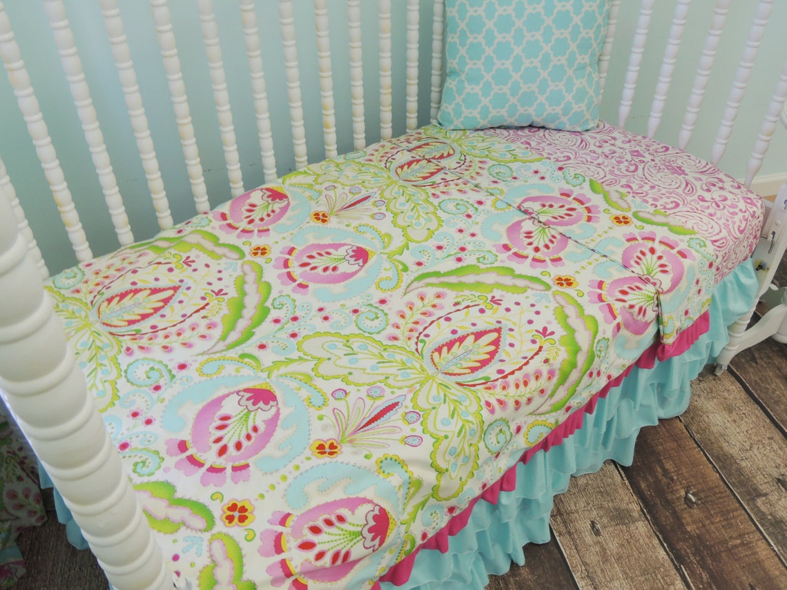 Aqua Pink Yellow and Green Toddler Bedding Set with Aqua Etsy