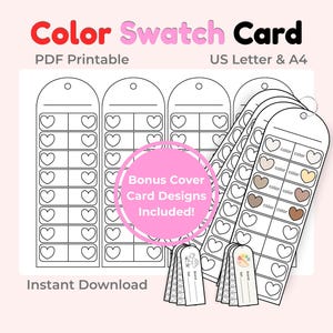 May include: A printable color swatch card with a heart design. The card includes spaces for color swatches and the text "Color Swatch Card", "PDF Printable", "US Letter & A4", and "Instant Download".