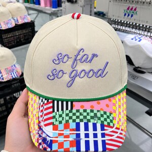 So Far So Good Embroidered Trucker Hat, Colorful Patchwork Baseball Cap, Retro Statement Accessory, Gift for Her