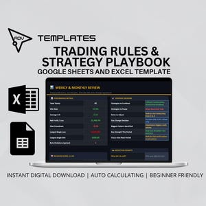 以下が含まれることがあります： ラップトップは「Trading Rules & Strategy Playbook」テンプレートを表示しています。画面には財務データを含むスプレッドシートが表示されています。画像にはExcelとGoogle Sheetsのアイコンと「Instant Digital Download | Auto Calculating | Beginner Friendly」のテキストが含まれています。