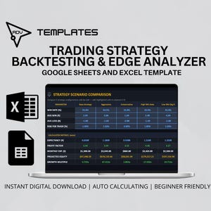 Puede incluir: Un portátil muestra una plantilla de backtesting y análisis de bordes de estrategia comercial. La pantalla muestra una hoja de cálculo con análisis de datos. La imagen incluye el texto "Trading Strategy Backtesting & Edge Analyzer" y "Google Sheets and Excel Template".