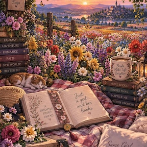 Könnte beinhalten: Eine Landschaftsillustration mit einem aufgeschlagenen Buch mit dem Text 'Just a girl and her books' und 'A brighter story ahead' auf einer karierten Decke. Eine schlafende Katze, Bücherstapel, eine Tasse und ein buntes Blumenfeld bei Sonnenuntergang.