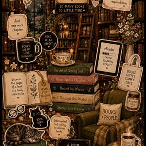 Puede incluir: Un collage que muestra una escena de biblioteca con pilas de libros, un sillón verde, un gato atigrado durmiendo y varios letreros decorativos con texto que incluye Welcome to My Library, Books Are My Love Language y Books > People.
