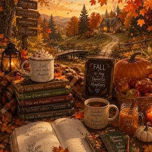 Puede incluir: Una colección de libros, tazas con el texto Just one more chapter y Sweater Weather & Bookish Dreams, un letrero que dice FALL is my favorite chapters, una calabaza, manzanas y un diario con el texto Autumn leaves & books please.