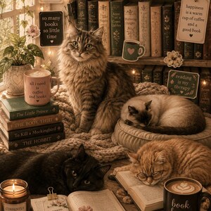 May include: A cozy scene featuring four cats among stacks of books, mugs with text like 'all i need is coffee and books' and 'book lover', a lit candle, and various signs with literary quotes, all arranged in a warm, dimly lit, rustic library setting.