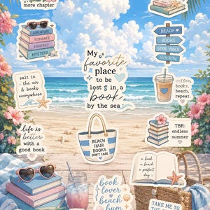 May include: A collection of beach-themed stickers featuring books, seashells, and tropical flowers. Text includes phrases like 'just one more chapter', 'books are my happy place', 'beach hair books don't care', and 'take me to the beach & give me a good book'.