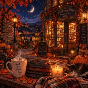 Puede incluir: Una escena otoñal con una librería llamada The Wandering Page, rodeada de follaje naranja. Una taza humeante con el texto Good Books Brighter Days, una pila de libros, una vela encendida y un gato durmiendo sobre una superficie de madera.