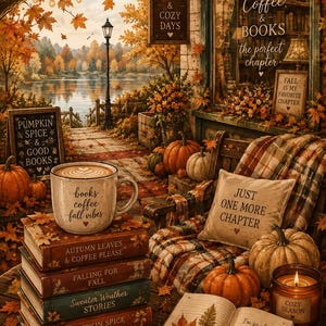 May include: A ceramic mug with the text books coffee fall vibes sits on a stack of five books titled Autumn Leaves & Coffee Please, Falling For Fall, Sweater Weather Stories, Pumpkin Spice and Everything Nice, and Cozy Nights & Bookish Delights.