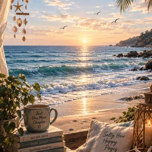 Op de afbeelding: Een keramische mok met de tekst Just One More Chapter, een stapel boeken met de titels Better Days, More Books, Happier Hearts, Ocean Vibes, een kussen met de tekst Salty Hair Happy Pages, een schelpenmobiel, een lantaarn en een gebreide deken.