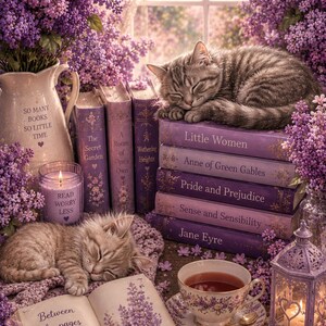 Puede incluir: Una colección de objetos en tonos morados que incluye una jarra con texto, una vela encendida, dos gatitos durmiendo, una pila de libros clásicos, una taza de té y un libro abierto con una ilustración de flores y texto.