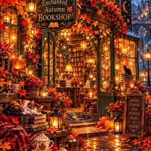 Puede incluir: Una librería decorada con hojas de otoño, calabazas y linternas. Un letrero dice Enchanted Autumn BOOKSHOP, y una pizarra enumera BOOKS, COFFEE, TEA, POTIONS, MAPS & MAGIC. Un gato duerme sobre libros y otro está sentado sobre una pila.