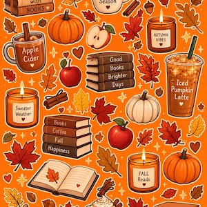 May include: A collection of autumn-themed stickers on an orange background featuring pumpkins, red apples, cinnamon sticks, acorns, and fallen leaves. Includes mugs with text, lit candles with labels, and stacks of books with various fall-themed phrases.