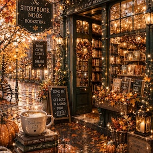 Puede incluir: Una fachada de librería decorada con hojas de otoño y luces. Una pila de libros con una taza etiquetada Bookstore Fuel se encuentra junto a calabazas. Los letreros dicen The Storybook Nook Bookstore y Come In Get Lost In A Good Book.