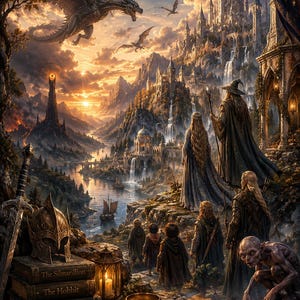 May include: A fantasy illustration featuring a group of characters overlooking a landscape with a castle, a dragon, and a river. In the foreground, a sword, a helmet, books titled The Silmarillion, The Hobbit, and The Lord of the Rings, a lantern, a ring, and a map are displayed.