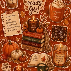 May include: A collection of autumn-themed illustrations featuring books, coffee cups, pumpkins, and candles on a dark orange background. Text elements include phrases like Fall is my favourite chapter, Bookish reads go, and Today's Plan.