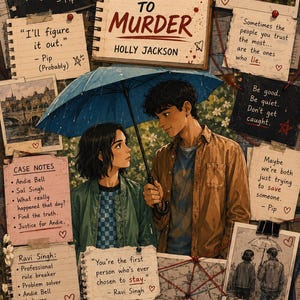 以下が含まれることがあります： ホリー・ジャクソン著『A Good Girl's Guide to Murder』のブックカバーを中心に、捜査メモ、写真、引用文のコラージュが描かれたデジタルイラスト。青い傘を差した二人の人物が互いを見つめ合っている様子が表現されている。