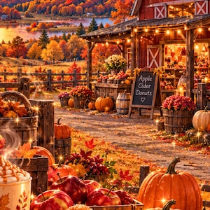 Op de afbeelding: Een rustieke rode schuur in de herfst met oranje pompoenen, rode appels en met suiker bestrooide donuts op een houten tafel. Een bordje vermeldt Apple Cider Donuts. Het landschap toont bergen, een meer en kleurrijk herfstgebladerte.