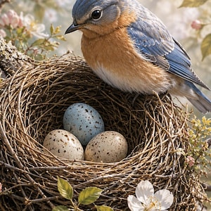 Puede incluir: Un pájaro azul y naranja posado sobre un nido de ramas trenzadas que contiene tres huevos moteados. El nido está situado entre ramas adornadas con flores blancas y rosas, creando una escena natural detallada con texturas y luz suave.