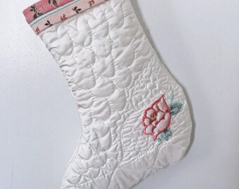 Vintage pink and white quilted stocking