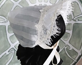 White organza striped baby bonnet vintage