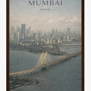 May include: A framed print depicting Mumbai, India, with a cityscape and a cable-stayed bridge. The image has a vintage style, showing the city skyline and the bridge. The text "MUMBAI INDIA" is displayed at the top of the print, within a brown wooden frame.