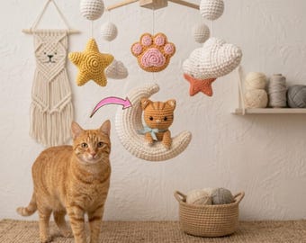 Custom Crochet Cat Moon Baby Mobile | Personalized Pet Portrait Nursery Crib Decor | L85M