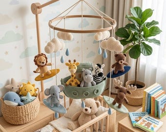 Handmade Crochet Noah's Ark Mobile | Surfing Animals, Clouds, Raindrops | Neutral Nursery Decor | L77M