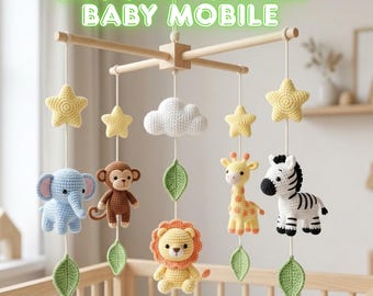 Safari Baby Mobile Crochet | Jungle Crib Mobile | Handmade Nursery Decor | Baby Shower Gift | Lion Elephant Giraffe Mobile | L49M