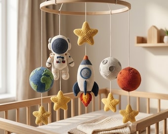 Space Baby Mobile | Astronaut Rocket Nursery Mobile | Crochet Solar System Crib Mobile | Neutral Baby Decor | Baby Shower Gift | L75M