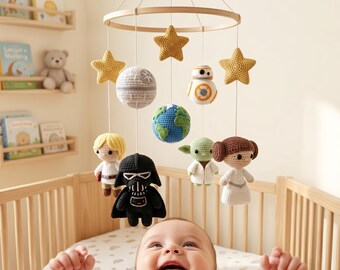 Handmade Crochet Crib Mobile | Space Heroes, Planets, Stars Nursery Decor | B88D