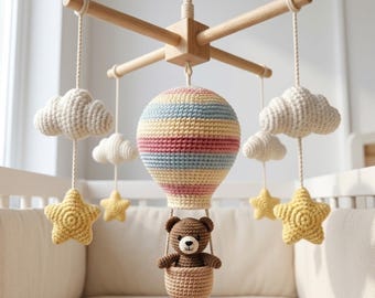 Hot Air Balloon Baby Mobile | Teddy Bear Crib Mobile | Handmade Crochet Nursery Decor | Neutral Baby Mobile | Baby Shower Gift | L78M