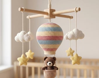 Crochet Hot Air Balloon Mobile | Teddy Bear, Clouds, Stars Nursery Decor | L78M