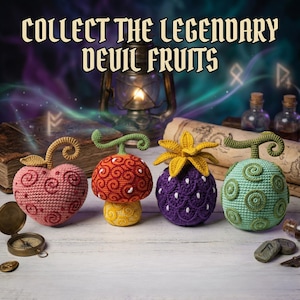 Puede incluir: Cuatro frutas del diablo de ganchillo, en rosa, naranja, morado y verde, sobre una superficie de madera blanca. Cada fruta tiene un tallo y hojas únicos. El texto "COLLECT THE LEGENDARY DEVIL FRUITS" se muestra en la parte superior.