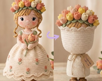 2 in 1 Crochet Doll Bouquet | Flip Princess Flower Doll | Handmade Crochet Tulip Gift | Reversible Doll Toy | Cute Gift For Mom | L40M