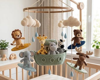 Noah’s Ark Baby Mobile | Ocean Surfing Animal Mobile | Neutral Nursery Decor | Handmade Crochet Crib Mobile | Baby Shower Gift | L77M