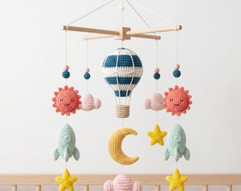 Handmade Crochet Crib Mobile Hot Air Balloon Rocket Sun Cloud | Baby Mobile Nursery Decor Neutral Gift | Baby Boy Girl  Gift | B82D