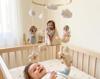 Handmade Crochet Baby Mobile | Virgin Mary, Angels, Lambs Nursery Decor | B85D