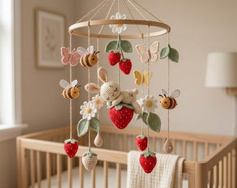 Strawberry Baby Mobile | Crochet Nursery Decor | Bunny Crib Mobile | Spring Garden Theme | Handmade Baby Gift |Bee Butterfly Baby Room |L74M
