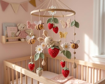 Crocheted Strawberry Garden Baby Mobile | Bunny, Bees, Butterflies Crib Decor | L74M