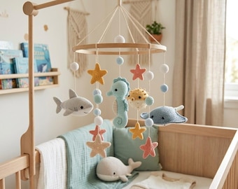 Ocean Baby Mobile | Crochet Sea Animals Crib Mobile | Under The Sea Nursery Decor | Handmade Nursery Mobile | Baby Shower Gift | L81M