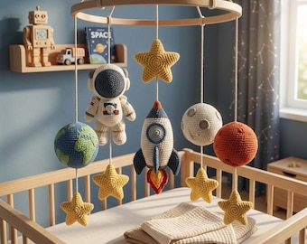 Crochet Space Baby Mobile | Astronaut, Rocket, Solar System Crib Decor | L75M