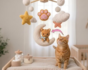 Custom Cat Baby Mobile | Personalized Pet Portrait Nursery Mobile | Crochet Cat on Moon Crib Mobile | Cat Lover Baby Shower Gift | L85M