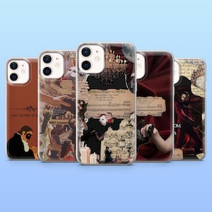 May include: A collection of five phone cases with various designs. The cases feature images and text related to the Phantom of the Opera, including a masked figure, sheet music, and a chandelier. The color palette includes brown, red, and cream.