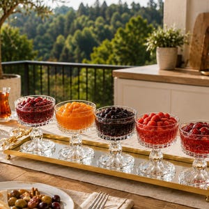 May include: Five clear glass footed bowls with textured patterns, each filled with different colored fruit preserves, arranged in a row on a rectangular gold-rimmed mirrored serving tray with decorative handles on a wooden table.
