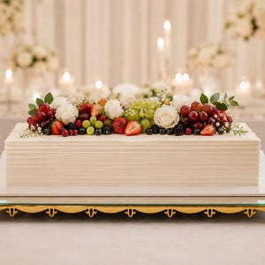 May include: A rectangular white cake with horizontal textured frosting lines, topped with a decorative arrangement of fresh strawberries, red and green grapes, blackberries, and white roses, resting on a gold-toned metal serving tray.